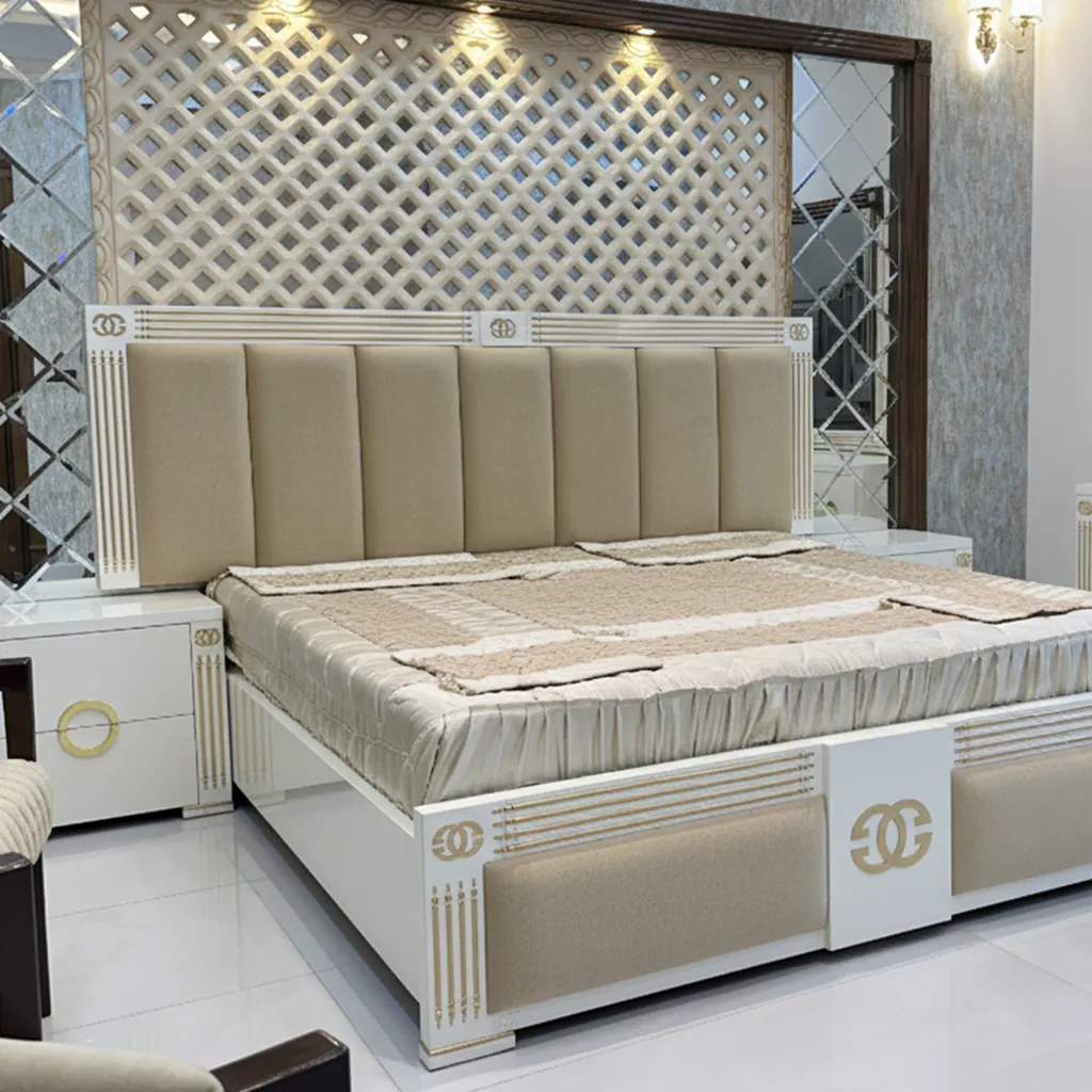 Designer mirrored panel bed with metallic geometric accents and plush upholstery for modern bedrooms
