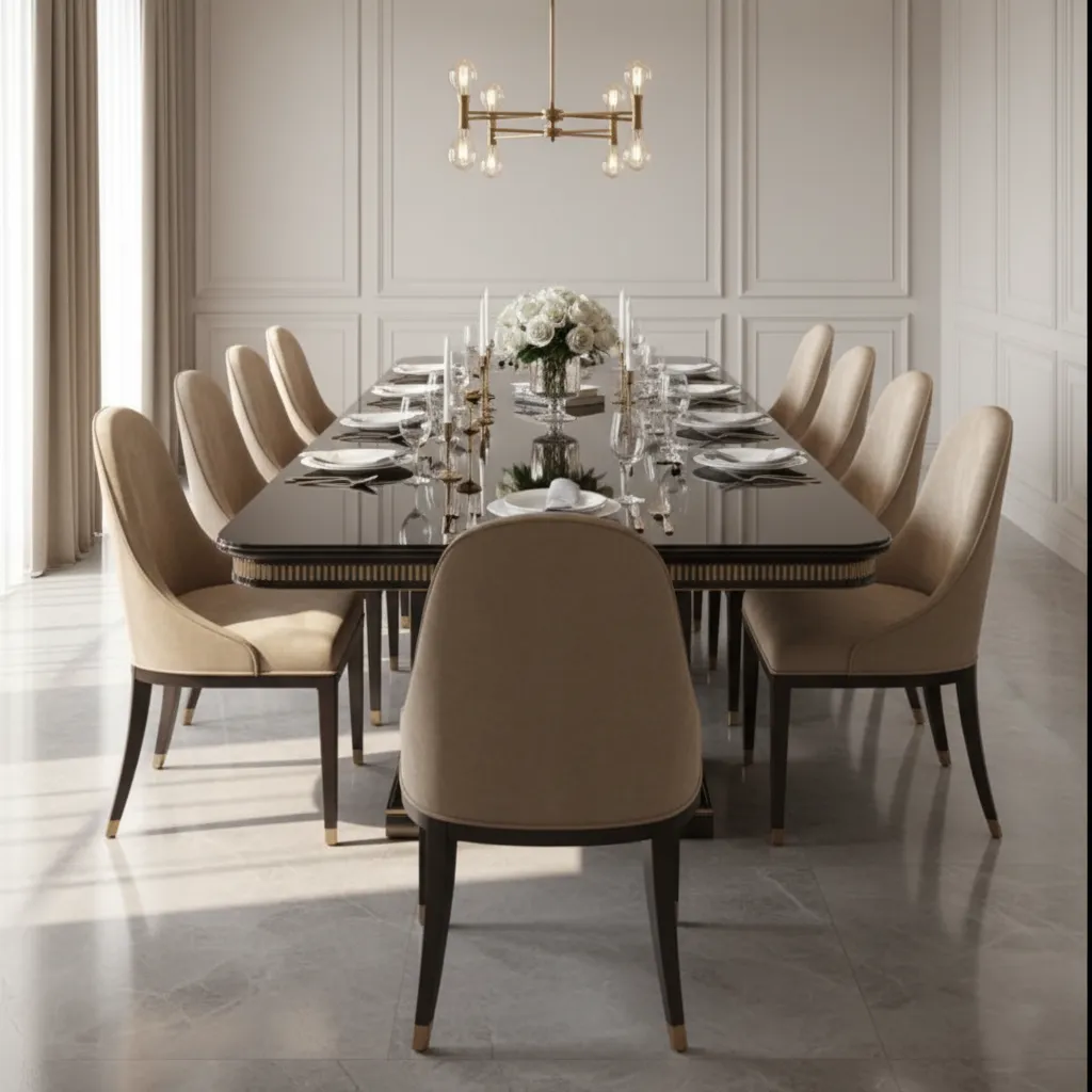 Long luxury dining table with plush beige chairs, gold chandelier, elegant modern setting.