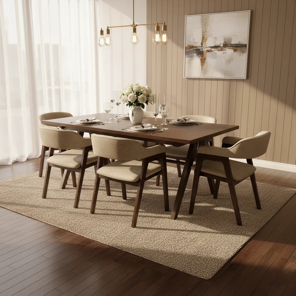 Modern dining table with beige chairs, glass pendant lighting, white roses, contemporary style
